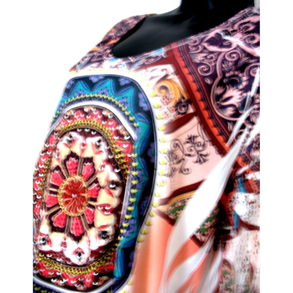 Cactus Women's Colorful, Sublimination, Tunic,  beading & Lace Sz L, ck measures
